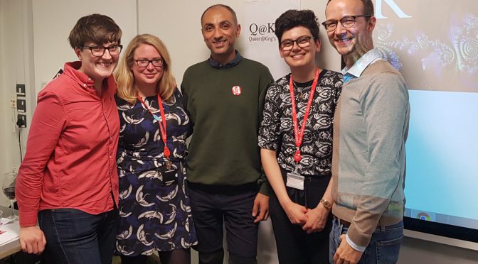 A happy photograph of Parapride's Daniel Lul with 4 Queer@King's members at the announcement of the Activist-in-Residence scheme