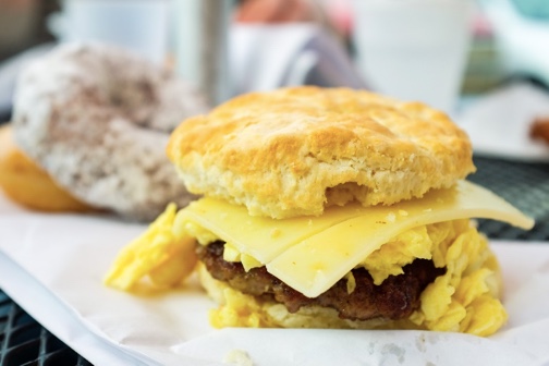 Enjoying southern American hospitality: A 'biscuit' and doughnuts on offer.