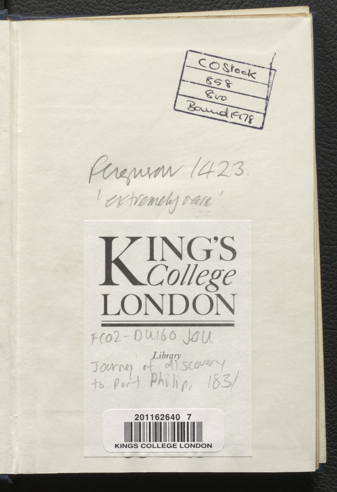 A photograph of the flyleaf recto of the item. Visible is the King's College London bookplate and in pencil, the text Ferguson 1423 'extremely rare'.