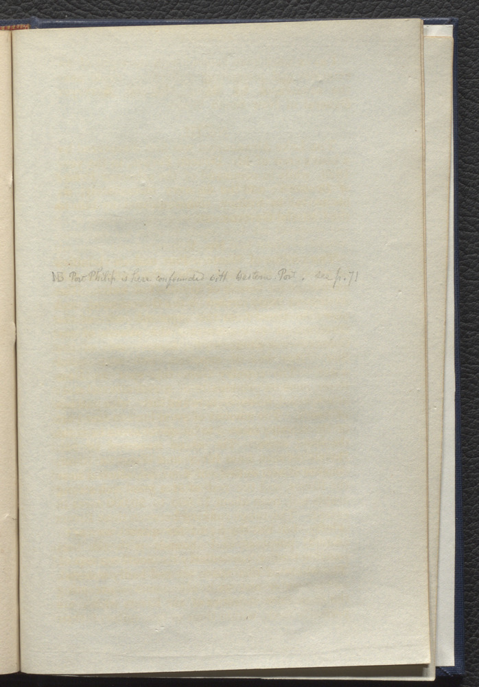 A photo of an annotation seen after the first page of the appendix on one of the blank leaves: “NB Port Philip is here confused with Western Port. See p.71”.