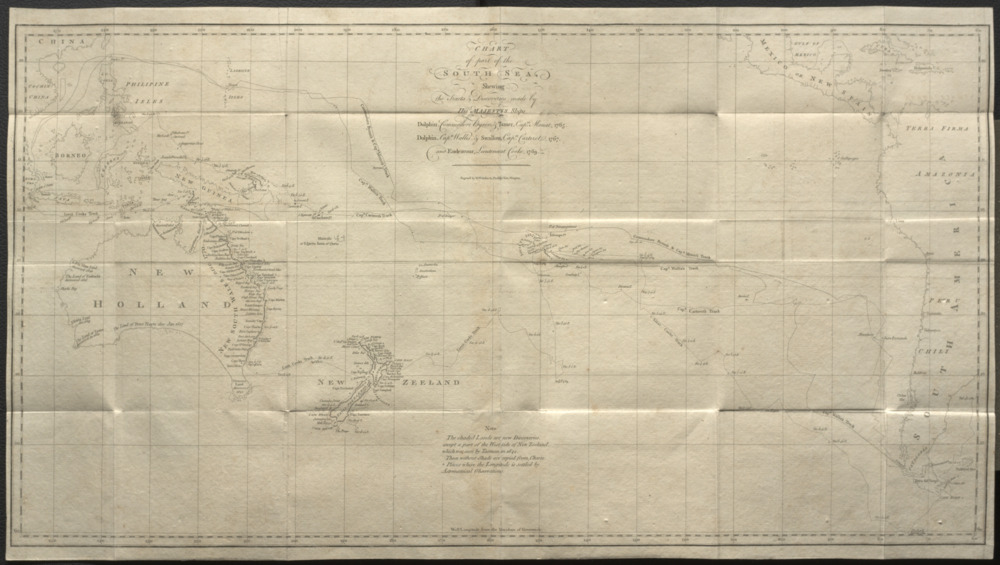 A map from John Hawkesworth's An account of the voyages undertaken by the order of his majesty for making discoveries in the Southern Hemisphere published in 1773 showcasing the routes taken by The Endeavour, The Swallow and The Dolphin.