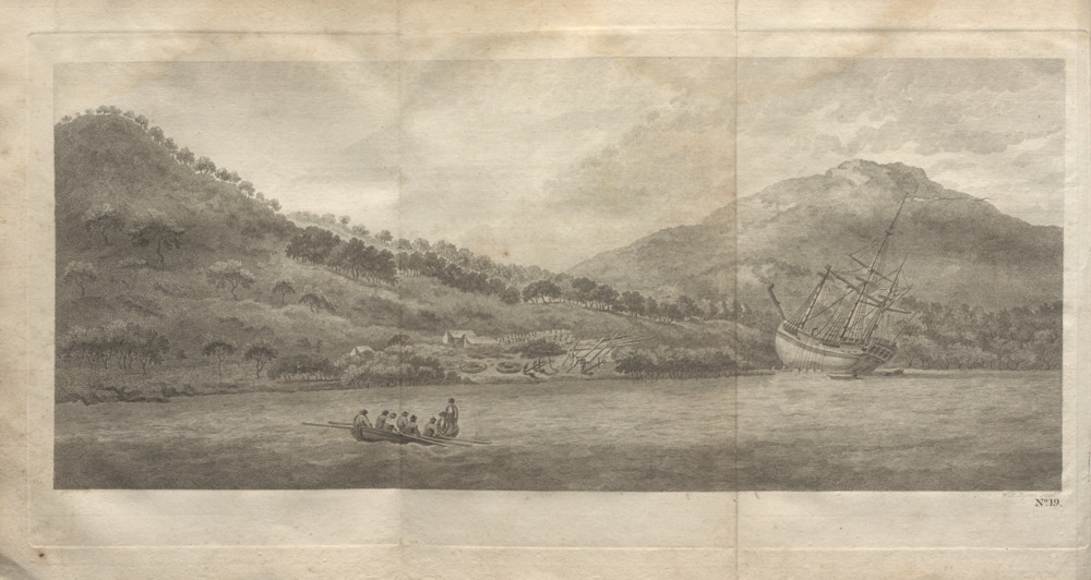 An engraving from John Hawkesworth's An account of the voyages undertaken by the order of his majesty for making discoveries in the Southern Hemisphere published in 1773. It shows The Endeavour in the background in a sheltered bay, beached for repairs. In the foreground a small number of sailors are seen in a dinghy.