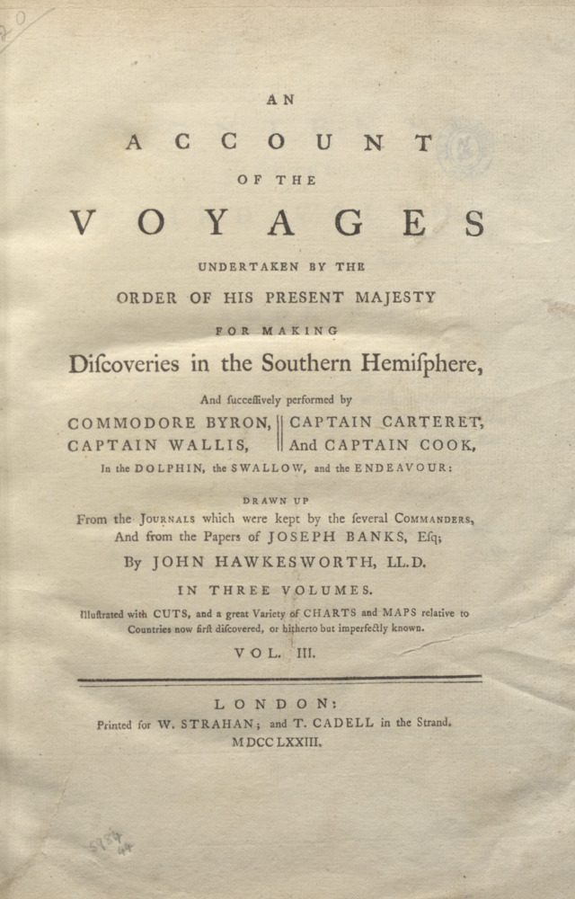 Title page of John Hawkesworth's An account of the voyages undertaken by the order of his majesty for making discoveries in the Southern Hemisphere published in 1773