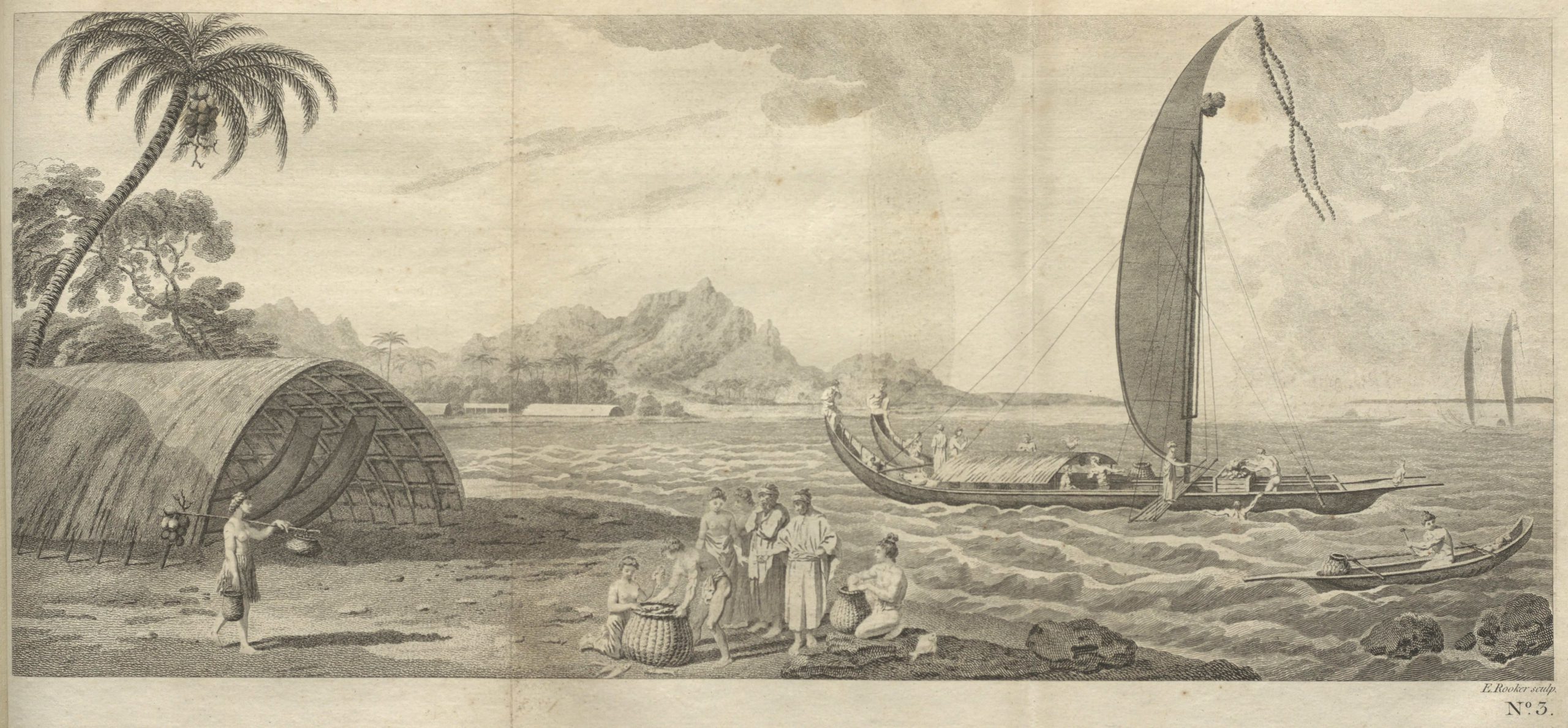 An engraving from John Hawkesworth's An account of the voyages undertaken by the order of his majesty for making discoveries in the Southern Hemisphere published in 1773. Shown is abeach in Tahiti with a number of locals weaving baskets and mending nets on the shoreline. An open ended domicile is visible with hammocks strung up from the ceiling. A number of sailing vessels are visible with an individual fishing from one in the foreground.